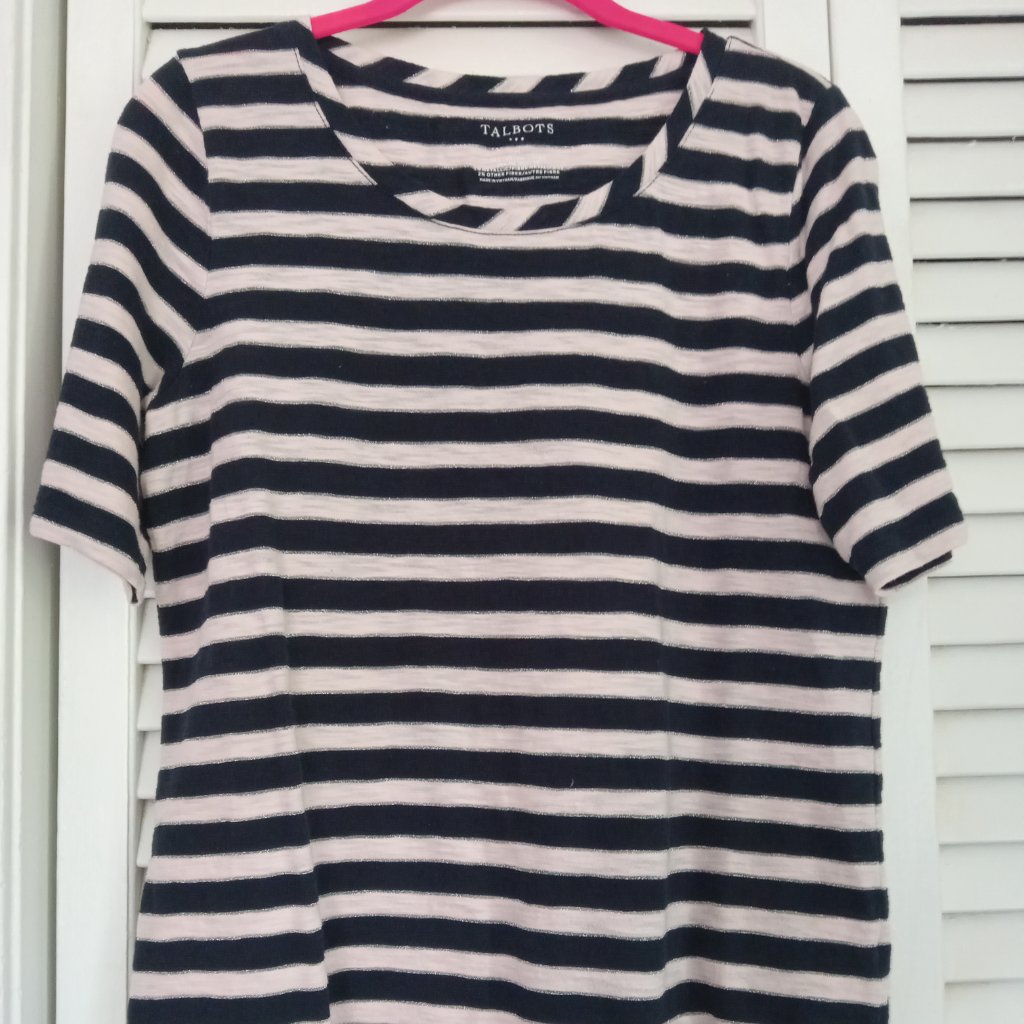 Talbots Short-Sleeve Striped Shirt Size M Light Pink, Navy, Silver Metallic